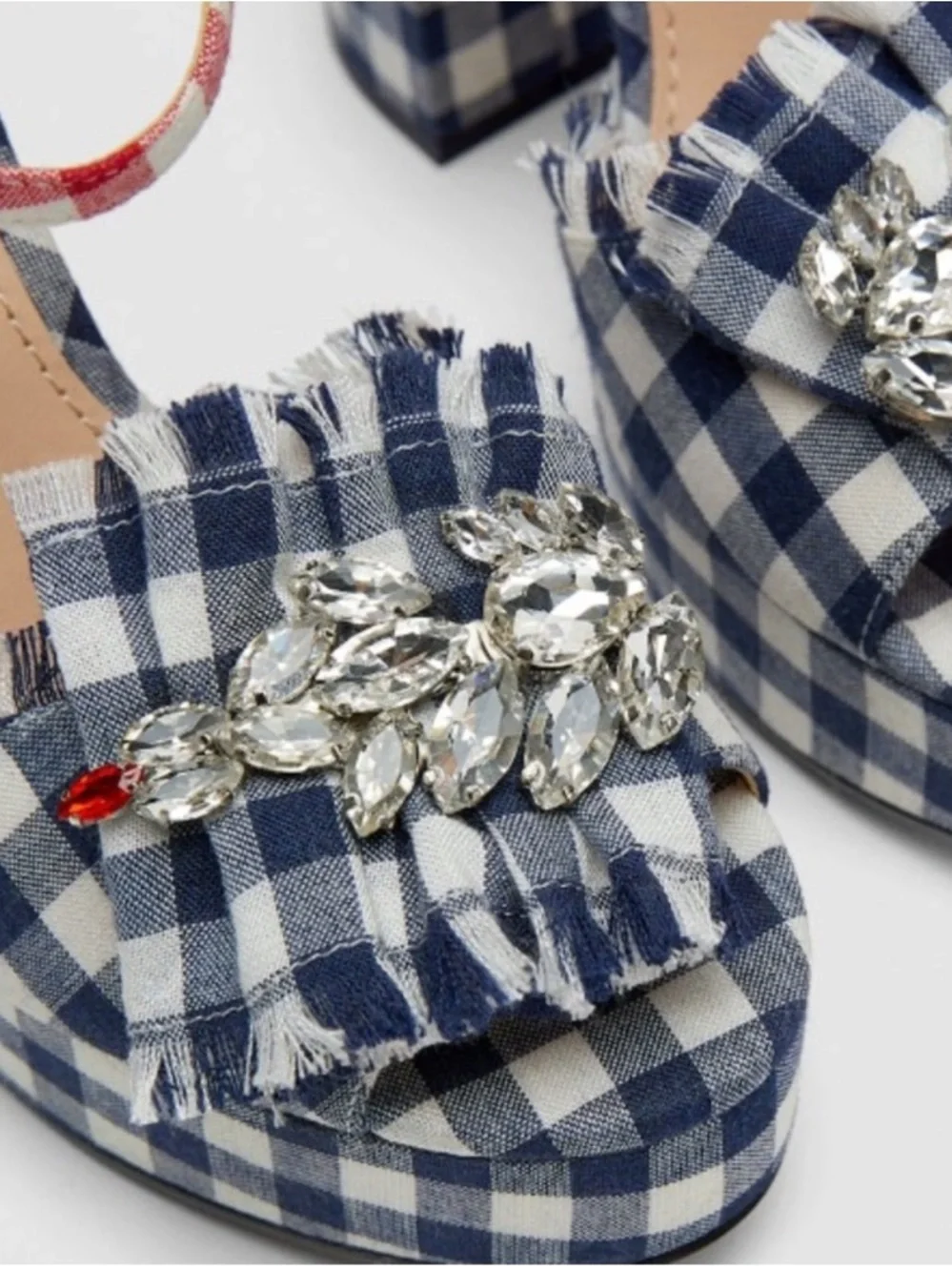 Zara Blue Red White Bejeweled Country 4th of July Gingham Platform Heels Size 38 - Picture 6 of 7